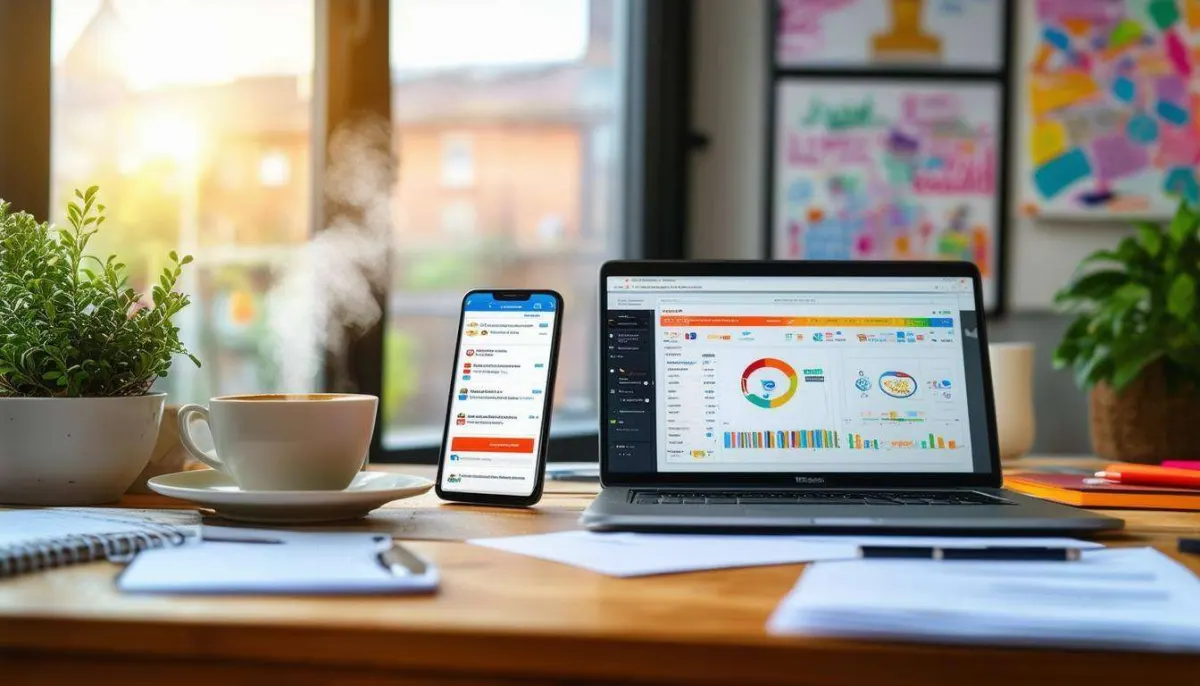 A laptop and phone showing social media analytics, highlighting HubSpot's tools for managing and optimizing social media performance.