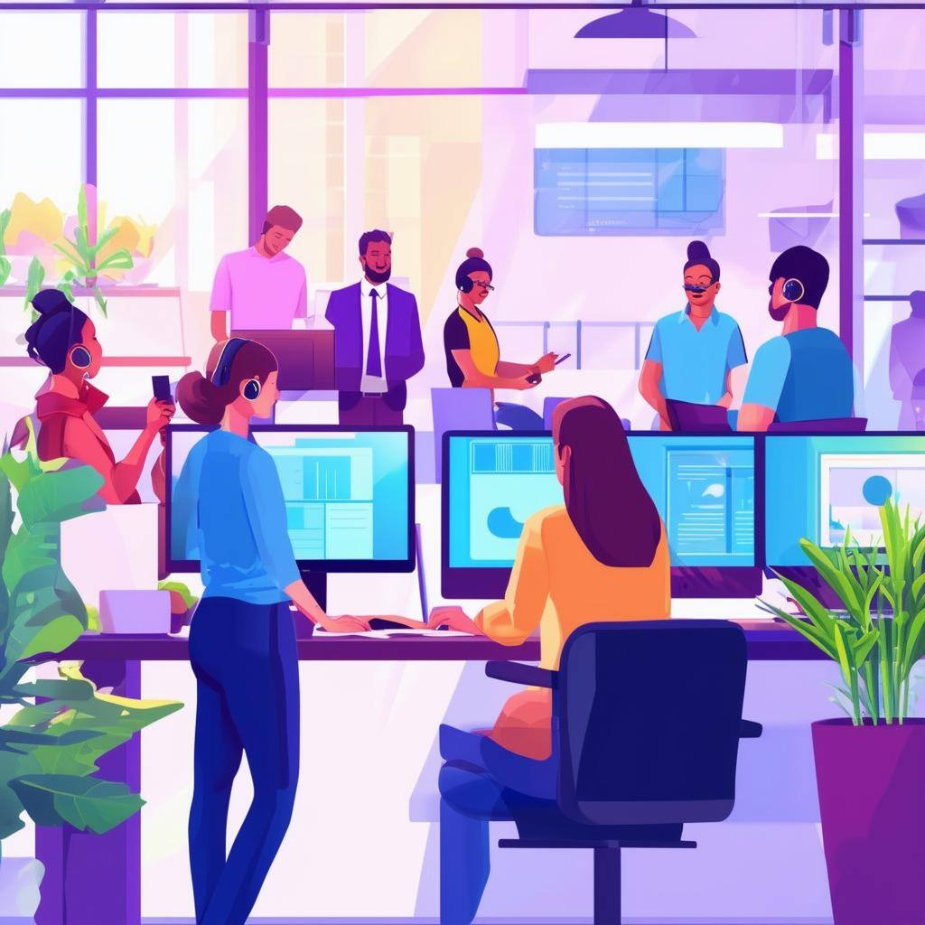 Digital illustration of office with computers and customer service team working-2