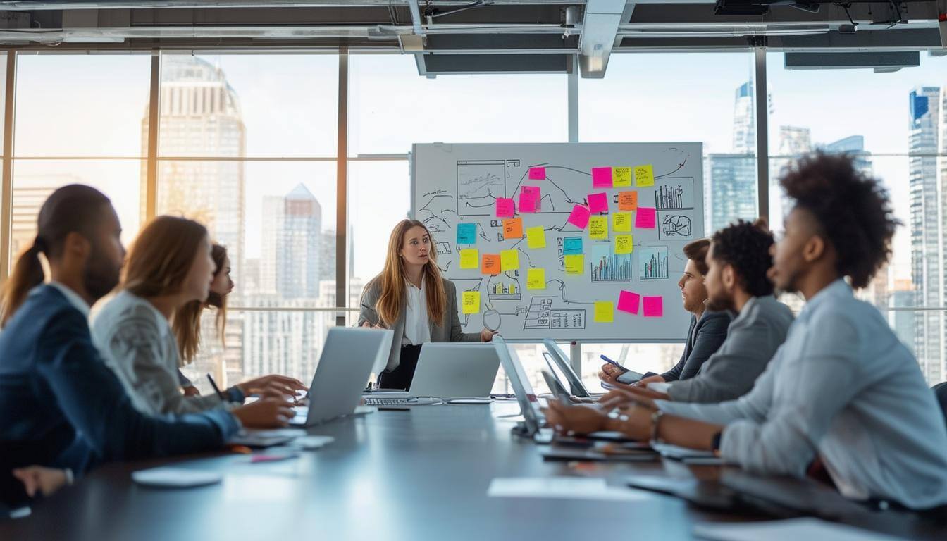 Team brainstorming business growth strategies around a table, collaborating to drive success and achieve long-term growth.