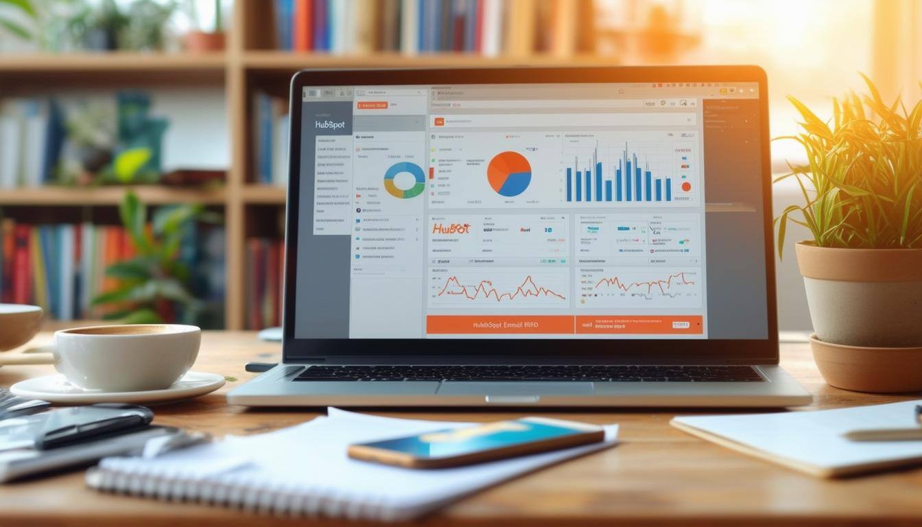 Laptop showing HubSpot email analytics, featuring key performance metrics for effective email setup and troubleshooting.