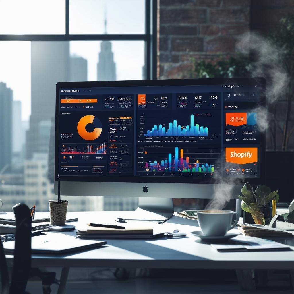 The image depicts a sleek, modern workspace featuring a large computer monitor displaying a vibrant dashboard of the HubSpot and Shopify integration i-2