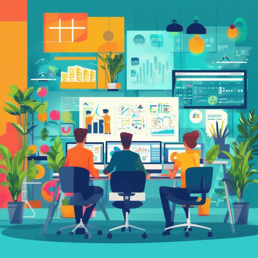 The image depicts a vibrant office space filled with modern technology and data visualization tools-2