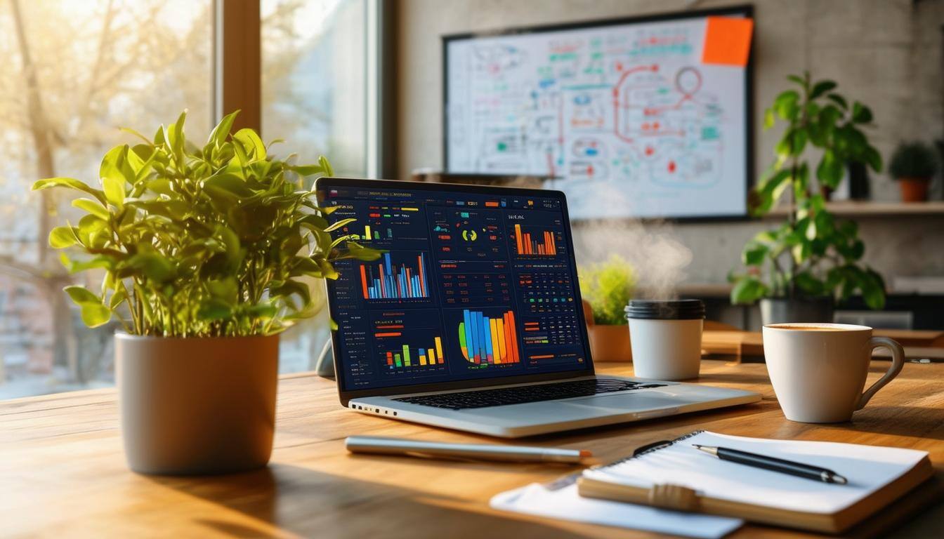 A laptop displaying HubSpot analytics on the screen, placed on a sleek desk in a modern office setting.