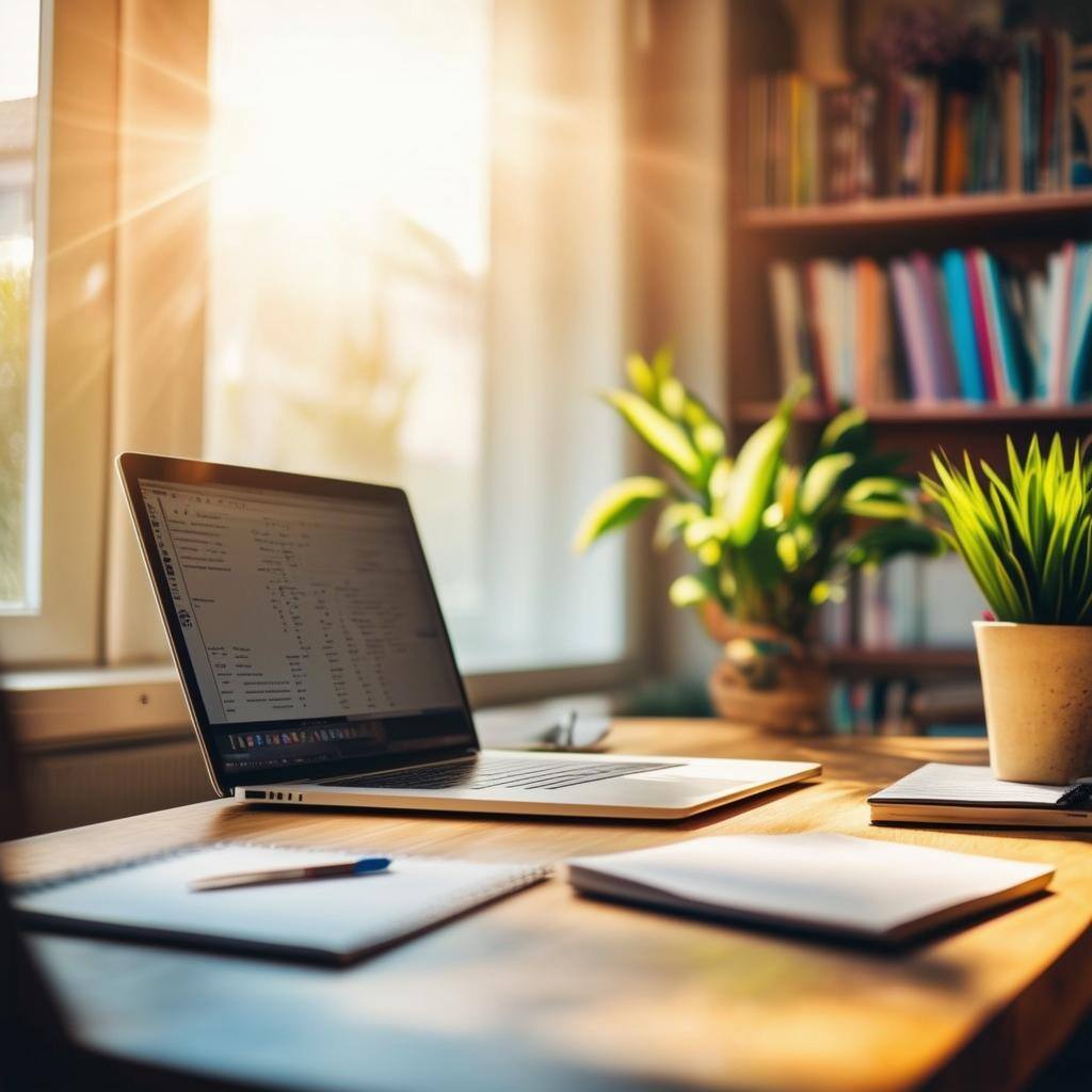 The image showcases a sleek, modern workspace adorned with vibrant decor, where a laptop sits open on a wooden desk-2