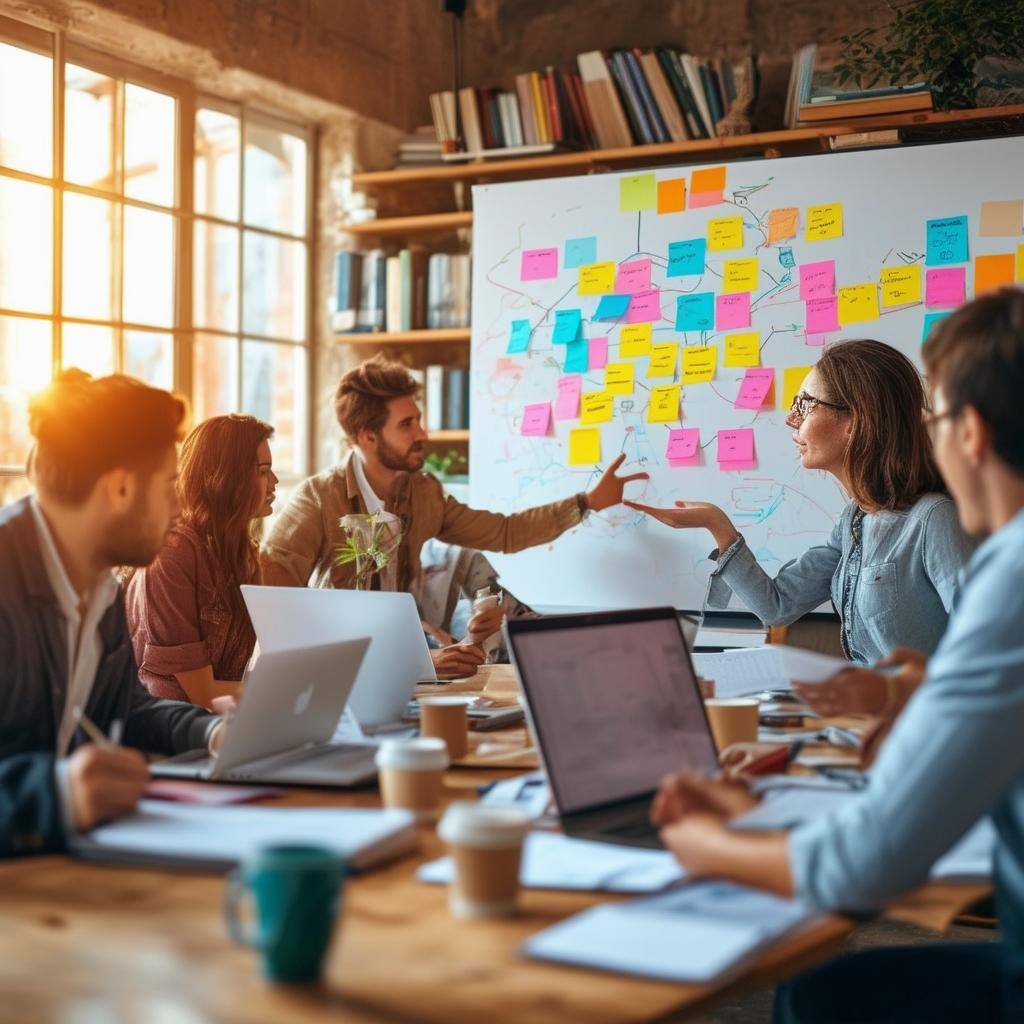 The image showcases a vibrant workspace filled with small business owners and entrepreneurs engaged in a brainstorming session-1