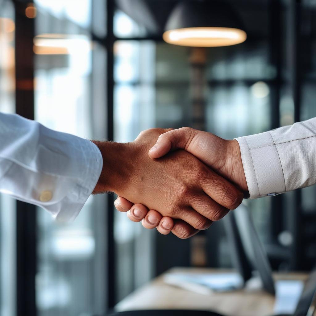 business partners shaking hands in an office