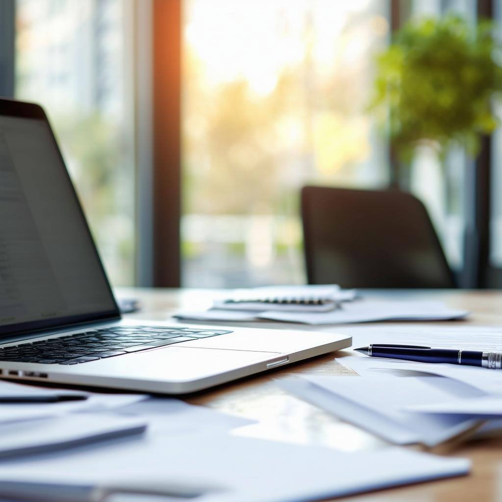 desk with laptop in a bright office with pen and papers