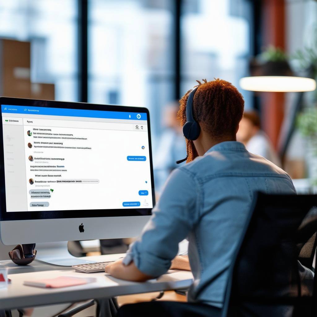 image shows customer service person from the back working on computer in office and livechat is shown on the screen