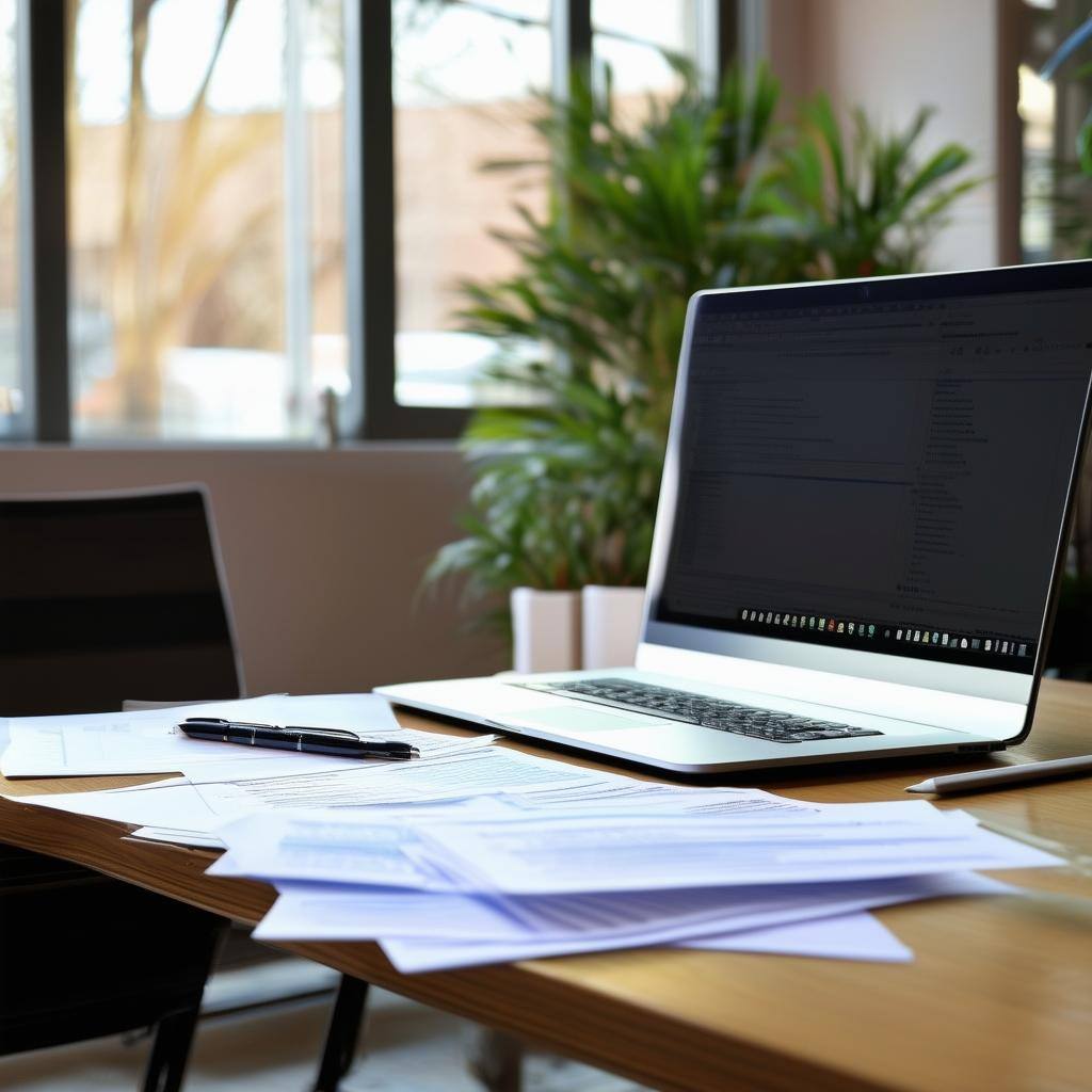 office table with laptop, papers