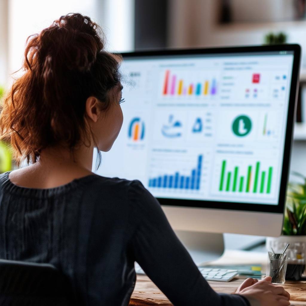 simple image of a woman sitting at computer at work with social media analytics shown on computer